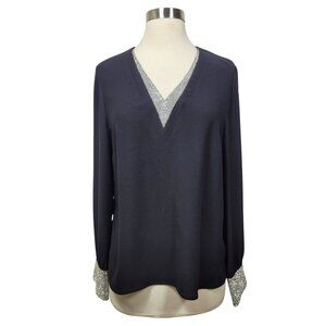 Halogen Black Rhinestone Trim Long Sleeve V-Neck  Party Blouse Women’s Size S